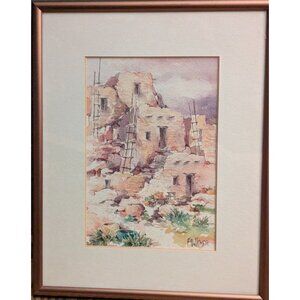 Faulkner Watercolor Painting Of Adobe Pueblo Scene In Copper Frame